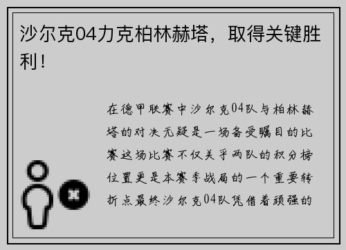 沙尔克04力克柏林赫塔，取得关键胜利！