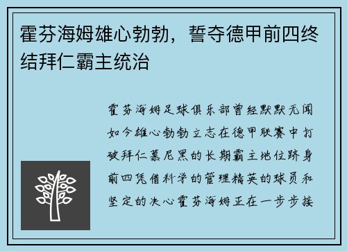 霍芬海姆雄心勃勃，誓夺德甲前四终结拜仁霸主统治